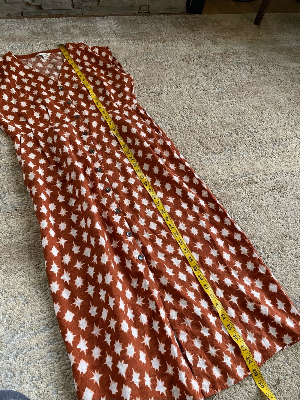 Garnet Hill Linen Midi Dress Rust Brown Star-Print Button Front Dress Sleeveless - Picture 13 of 13